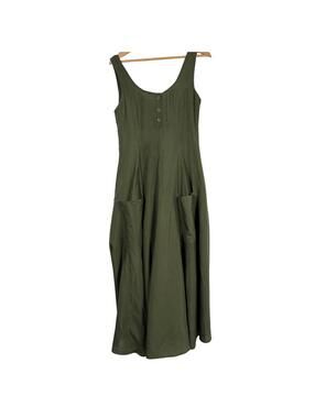 VTG 80's/90's Bonnie Strauss Olive Green Scoop Neck Lagenlook Midi Dress